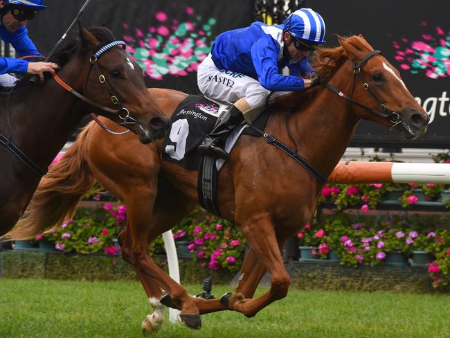 MELBOURNE, AUSTRALIA - OCTOBER 07:  Stephen Baster riding Nomothaj defeats Dwayne Dunn riding Ranier in Race 1, Maribyrnong Trial Stakes during Turnball Stakes day at Flemington Racecourse on October 7, 2017 in Melbourne, Australia.  (Photo by Vince Caligiuri/Getty Images)