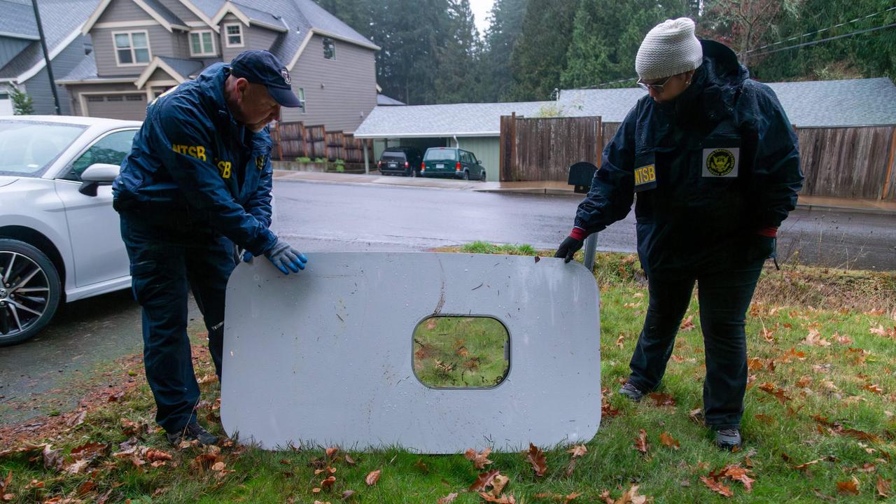 The door plug from the Alaska Airlines’ Max 9 was later found in a backyard in Portland and turned over to the NTSB to help inform its investigation. Picture: AFP/NTSB