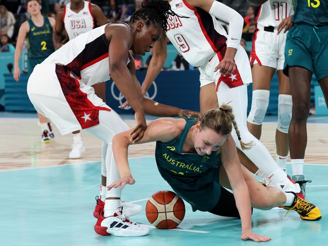 Alanna Smith battles for the ball at Bercy Arena. Picture: Adam Head