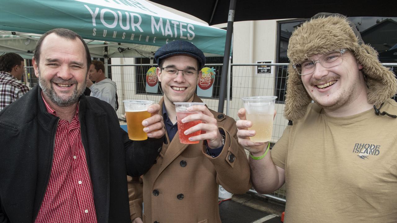 (from left) Michael Back, Caleb Back and Zeph Kennedy at Brewoomba craft beer festival, Fitzy's. Saturday, August 13, 2022. Picture: Nev Madsen.