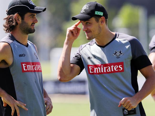 Collingwood training at Olympic Park.  Gotta use your head. Darcy Moore signals to Brodie Grundy  .  Pic : Michael Klein