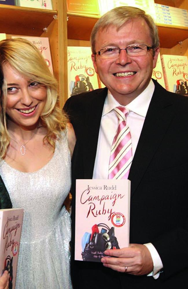 Former Prime Minister Kevin Rudd with daughter Jessica Rudd at the launch of her first book ‘Campaign Ruby’ in Brisbane. Picture: Lyndon Mecheilsen