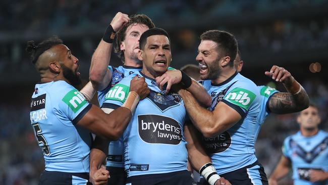 Nowra’s Cody Walker celebrates after scoring a try during a State of Origin match between the NSW Blues and Queensland Maroons at ANZ Stadium. Picture: Brett Costello