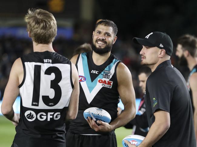 Paddy Ryder (centre) is “probably looking at opportunities elsewhere”, according to Port Adelaide coach Ken Hinkley. Picture: Sarah Reed