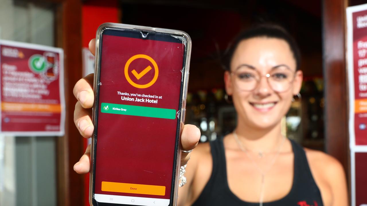 The Covid check-in app has been scrapped for many businesses in Queensland, but will still have to be used for those under the vaccine mandate. Picture: Brendan Radke