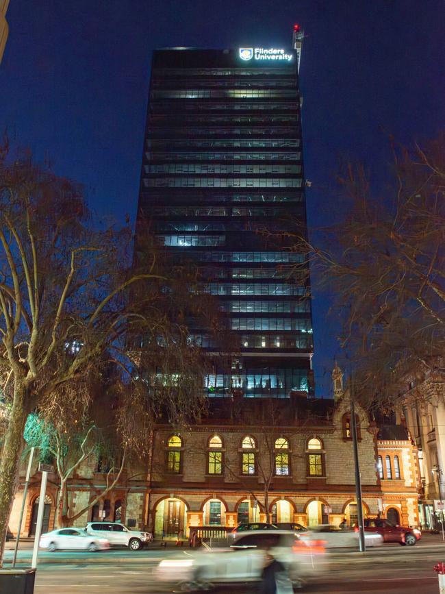 The Flinders University light illuminated for the first time at its new city campus building. Picture: Supplied