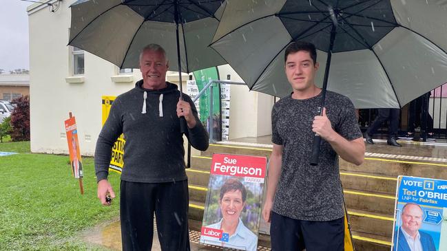 John Bundrock, 63, and Joshua Bundrock, 24, voting at the Coolum Beach Uniting Hall on Saturday morning.