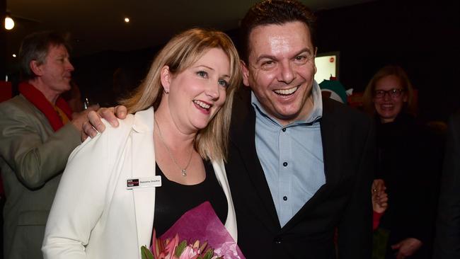 Nick Xenophon and Rebecca Sharkie at the post-election party at the Palace Nova cinema. Picture: Campbell Brodie.