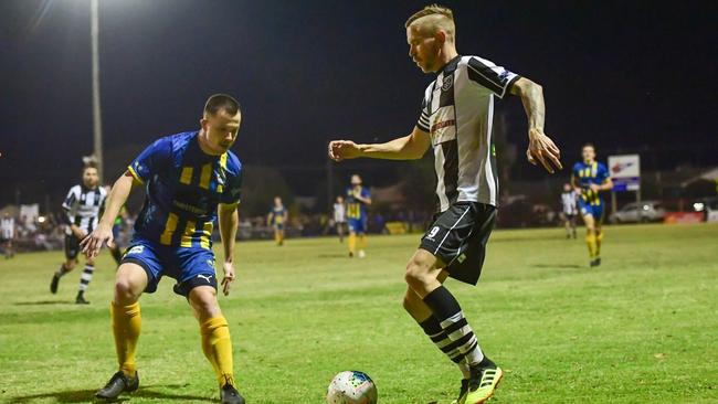 20/05/2023 - Hayden Lobegeier (left) was a standout for Across The Waves and scored a goal in the 2-1 Australia Cup success over the Mackay Lions. Picture: supplied