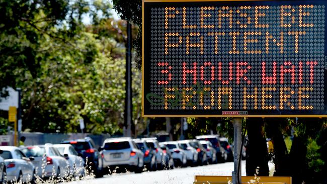 People are turning out in droves to coronavirus testing clinics across the city including huge lines at Daw Park for the Repat drive-in clinic. Picture: Naomi Jellicoe