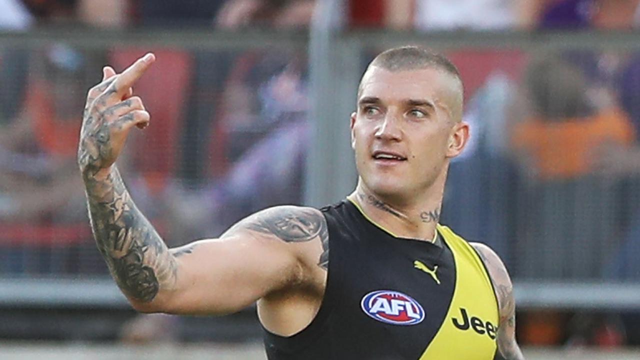 This was Dustin Martin’s mood the last time Matt de Boer tagged him. Photo: Mark Kolbe/Getty Images