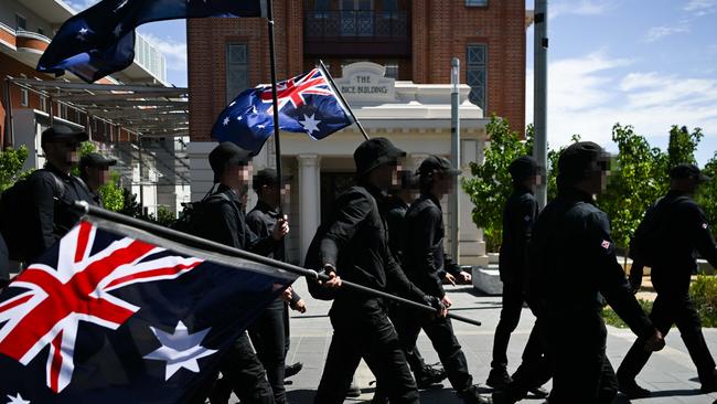 Members of the National Socialist Network (NSN) during a counter protest on North Terrace and East Terrace on January 26, 2025. Picture: Tracey Nearmy/Getty Images