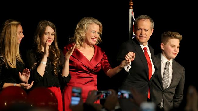 Bill Shorten with his wife Chloe and children Rupert, Georgette and Cousin Alexandra (left), at the 2016 Australian Labor Party Election Night event at Moonee Valley Racing Club, near Melbourne.
