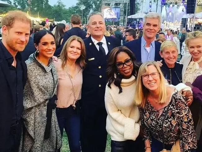 Prince Harry, Meghan and celeb mates Oprah Winfrey, Ellen DeGeneres, Portia De Rossi. Picture: Instagram