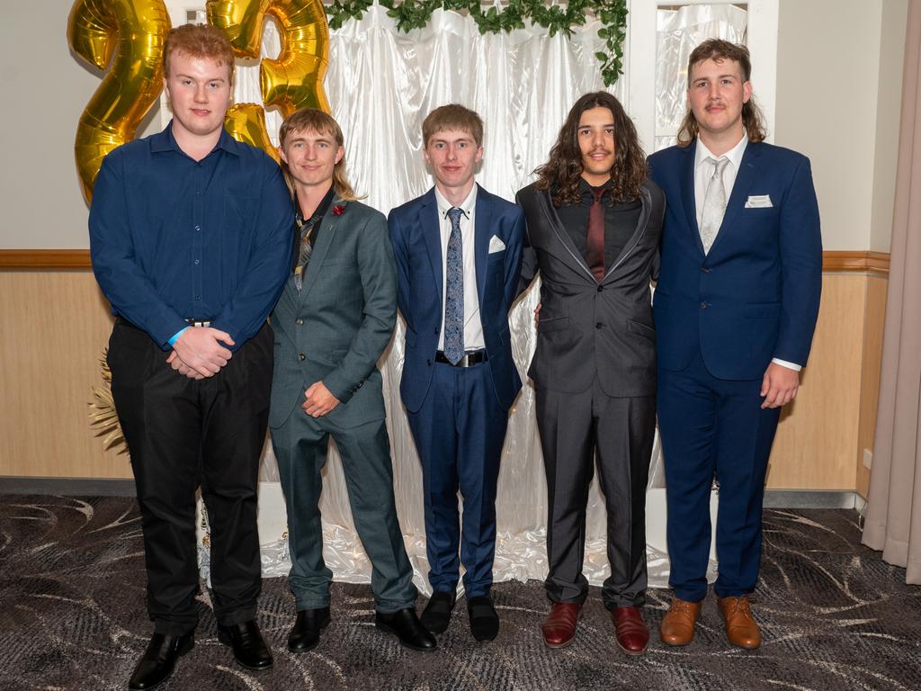 Jeremy Bean, Hayden Kinnear, Rhys Brown, Angelo Barbaro Damato and Jack Moloney at Calen District College Graduation dinner, Friday 17 November 2023 Picture: Michaela Harlow