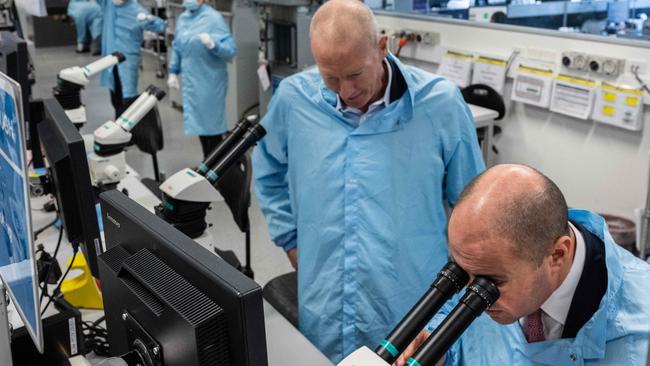 Treasurer Josh Frydenberg looking at the production line at Cochlear, Sydney. Picture: NCA NewsWire / James Gourley