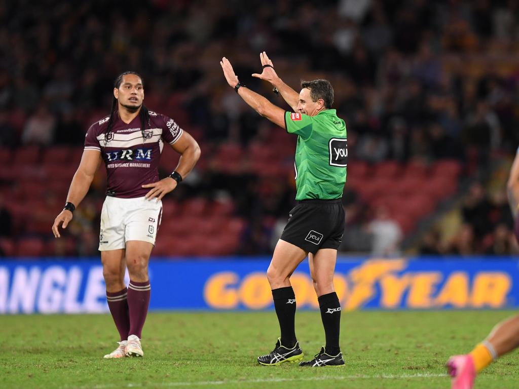 Referee Gerard Sutton sends a player to the Sin Bin.