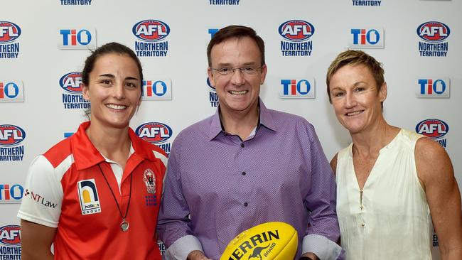 Ange Foley, AFLNT boss Michael Solomon and NT women’s football legend Colleen Gwynne. Picture: Katrina Bridgeford