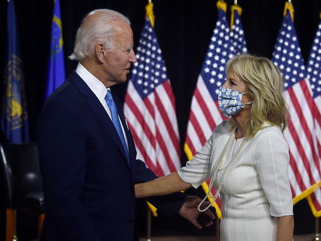 Joe Biden and his wife Jill on stage after the first Biden-Harris press conference in Wilmington, Delaware. Picture; AFP.