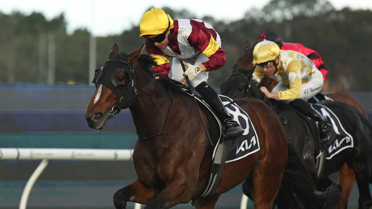 Andrew Adkins winning the Lord Mayor’s Cup at Rosehill on Saturday. Picture: Getty Images