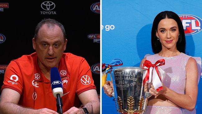 On Grand Final Eve, John Longmire was in a jovial mood regarding a question about Grand Final entertainment pop star Katy Perry.