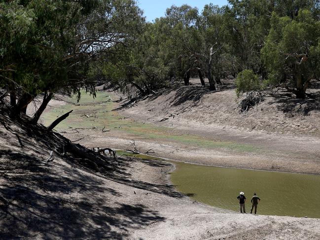 Darling River feature. The junction of where the Barwon and Culgoa Rivers join to make the start of the Darling River, located approx 50 km North East of Bourke. Tim Blair and Warren Brown stand on the river bed. Picture: Toby Zerna