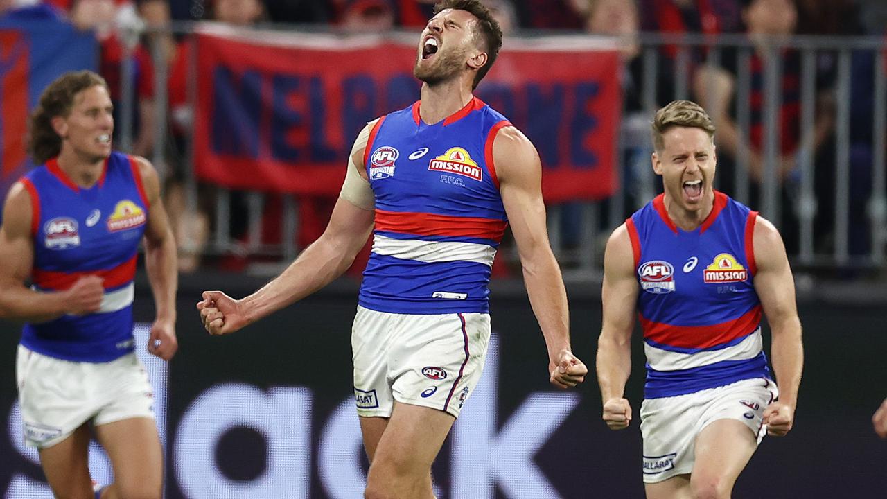 PERTH. 25/09/2021. AFL Grand Final. Melbourne vs Western Bulldogs at Optus Stadium, Perth. . Bulldog Marcus Bontempelli celebrates a 3rd qtr goal . Photo by Michael Klein