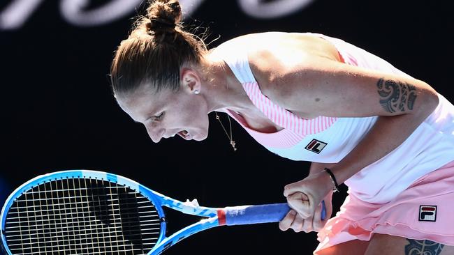 Karolina Pliskova reacts after a point against Serena Williams. Picture: AFP