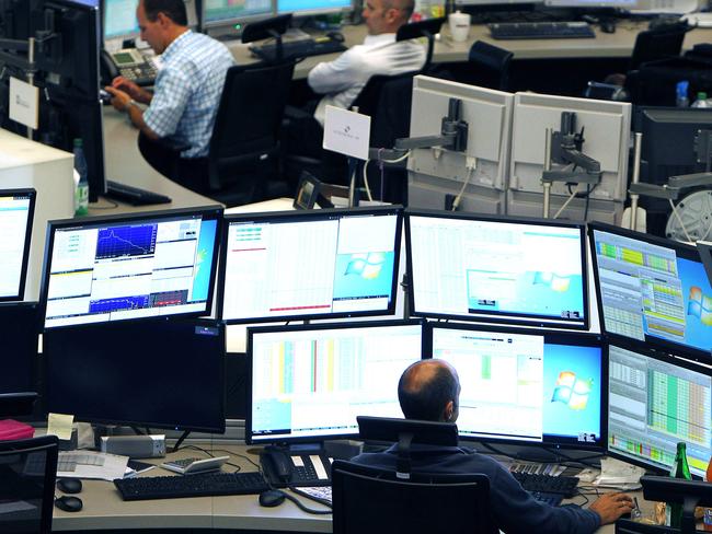Germany’s DAX exchange fell 3 per cent upon opening on Monday. Picture: AFP PHOTO / DANIEL ROLAND.