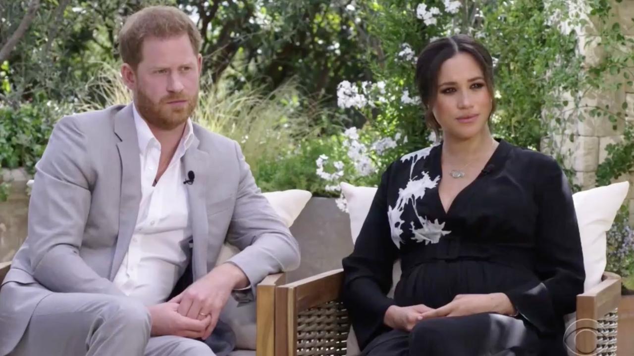 Harry and Meghan during their interview with Oprah Winfrey. Picture: CBS