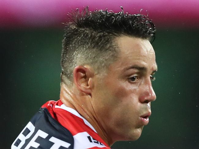 Roosters Cooper Cronk and Roosters Luke Keary during the Sydney Roosters v South Sydney NRL match at the SCG. Picture: Brett Costello