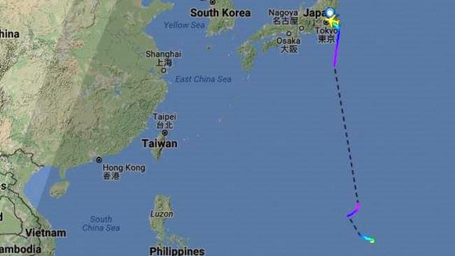 The FlightAware tracking website shows the aircraft departing Tokyo and then landing on the remote Pacific island of Guam. Picture: Supplied