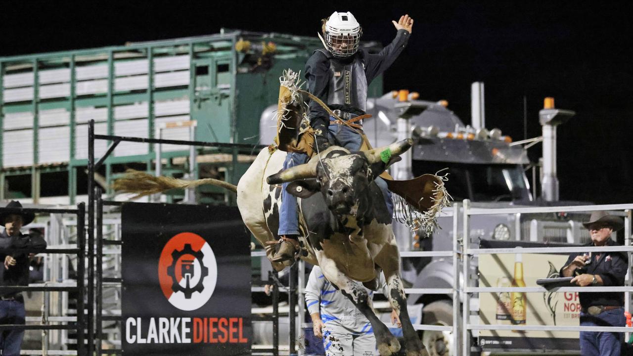 Oliver Marano competes in the Great Northern Bull riding series bull ride event at the Mossman Showgrounds. Picture: Stephen Harman