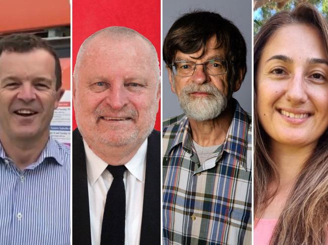 Cronulla Liberal MP Mark Speakman, Labor candidate Paul Constance, Sustainable Australia Party candidate Richard Moran and Informed Medical Options Party candidate Domna Giannakis. Pictures: Supplied