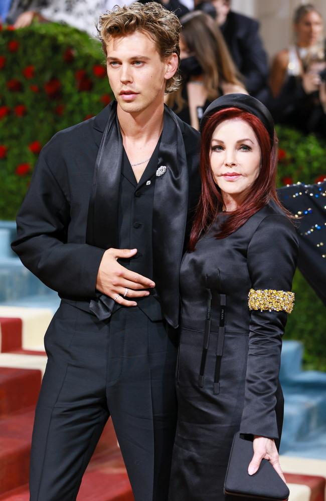 Austin Butler, who portrays Elvis in Baz Luhrmann’s upcoming Australian-shot bio-pic, walked the carpet with Priscilla Presley. Picture: WireImage