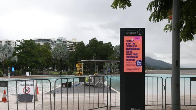 The famous Cairns lagoon on the Cairns Esplanade is barricaded off.. Picture: Brendan Radke.