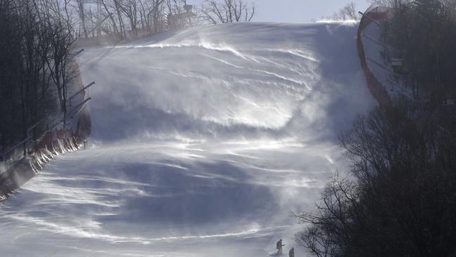 Conditions at the giant slalom course, where strong winds forced the postponement of competition. Picture: AP