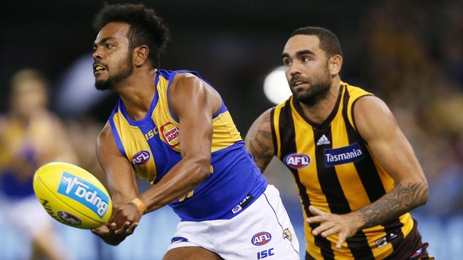 Willie Rioli in action for West Coast against Hawthorn’s Shaun Burgoyne this season. Picture: Michael Klein