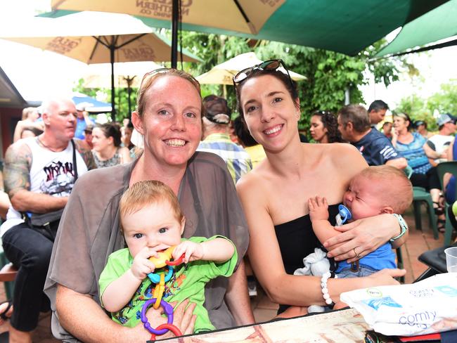 Sarah Ounsworth and Emma Penberthy with their bubs at the Noonamah Tavern Frog Races. PICTURE: Justin Kennedy