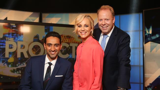 The Project hosts Waleed Aly, Carrie Bickmore and Peter Helliar have also been snubbed at the Logies. Picture: Richard Dobson