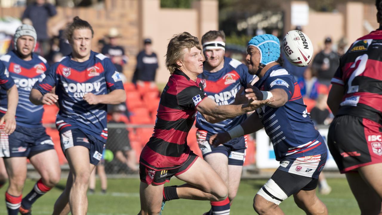 Dylan Chown, Valleys and Joe Fuimaono, Warwick. TRL grand final, Valleys vs Warwick Cowboys. Sunday, 8th Sep, 2019.