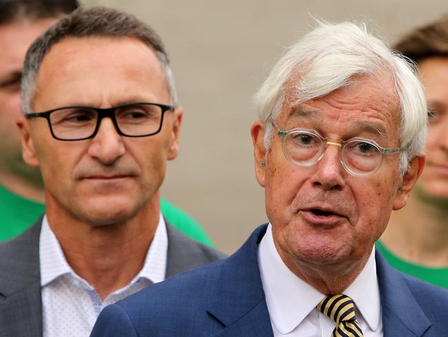 05/03/2019: Julian Burnside, with Leader of the Australian Greens Dr Richard Di Natale, announces himself as the new Greens candidate for Kooyong to run against Josh Frydenberg. Stuart McEvoy/The Australian.