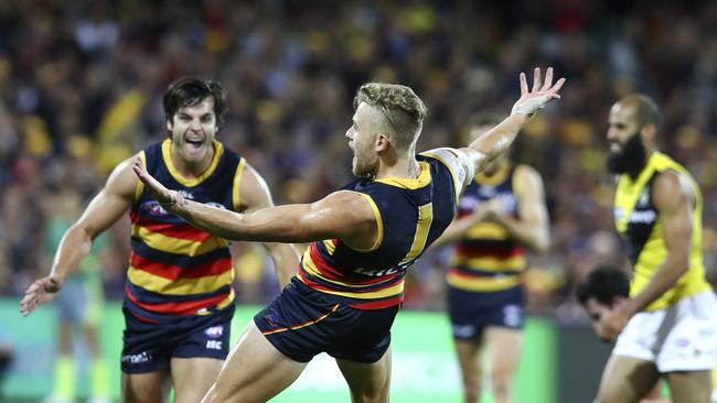 Hugh Greenwood snaps a big goal against Richmond. Picture SARAH REED