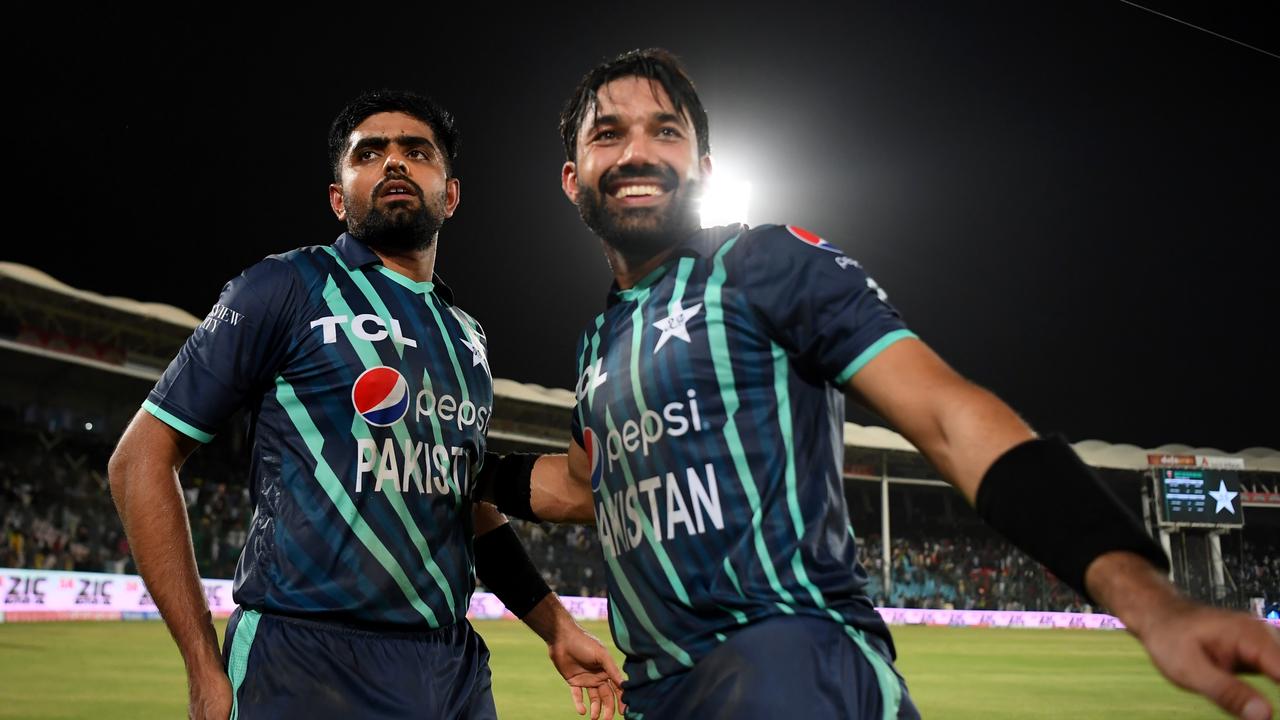 Babar Azam and Mohammad Rizwan of Pakistan react after winning. (Photo by Alex Davidson/Getty Images)