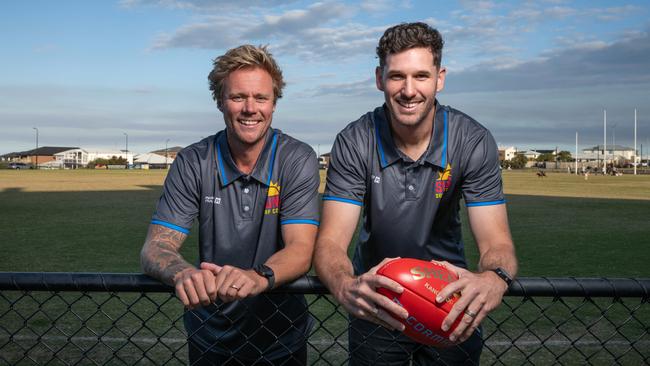 Surf Coast Suns president Jay Williams with new recruit Aaron Black. Picture: Brad Fleet
