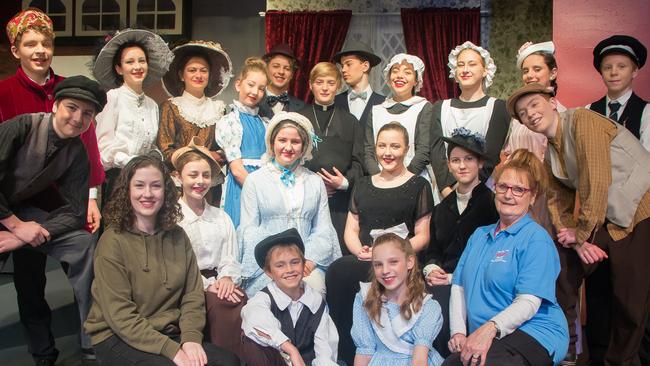 Ms Mason resonates strongly with the HYT mottos, especially to help each student feel they are “important no matter what you are doing”. With the 2018 leading cast of 'Pollyanna' and Assistant Director Jessica Corrie. Picture: Supplied.