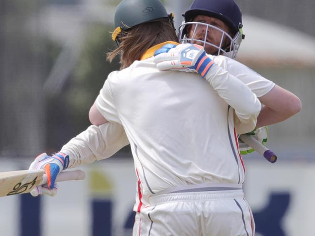 BPCA cricket action shots between Surf Coast and St Leonards.Surf Coast batsman Taj Haidlinger celebrates with his father Grant Haidlinger after  Grant hit the winning runs .Picture: Mark Wilson