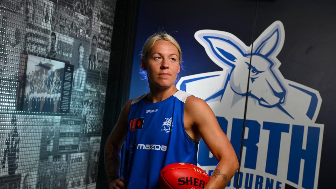 MELBOURNE, AUSTRALIA - NOVEMBER 28: Sarah Wright of the Kangaroos poses during a North Melbourne Kangaroos AFLW media opportunity at Arden Street Ground on November 28, 2023 in Melbourne, Australia. (Photo by Morgan Hancock/Getty Images)