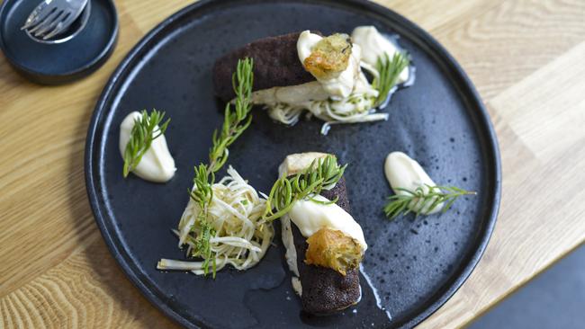 Roasted fillet of fish with celeriac, black garlic and tempura oyster showcases a respect for great produce with a nod to trends that’s a hallmark of a meal at Sardine.