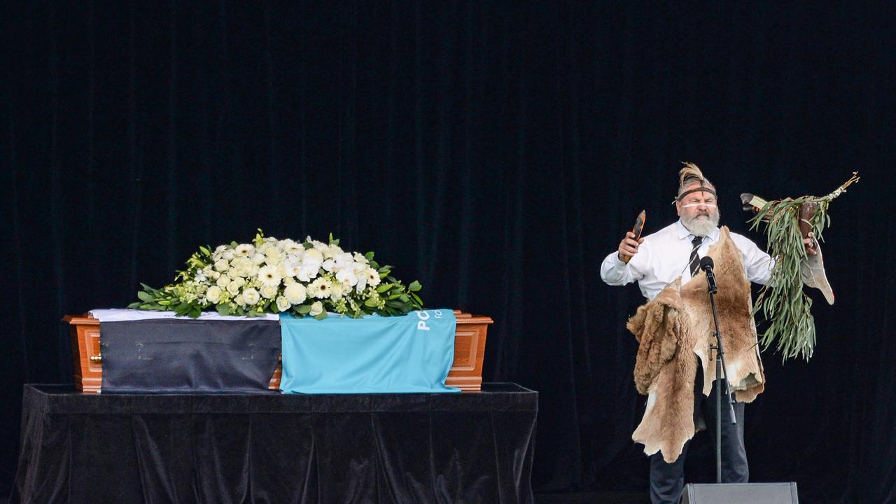 Senior Kaurna man Mickey Kumatpi O'Brien performs Welcome to Country. Picture: NCA NewsWire/Brenton Edwards